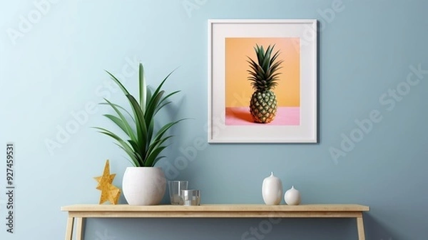 Fototapeta A stock photo of a blank white frame mockup next to a pineapple with a summer theme Generative AI