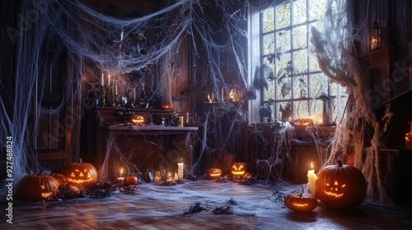 Fototapeta A Halloween-themed room interior with cobwebs, pumpkins, and flickering candles, creating a spooky atmosphere.