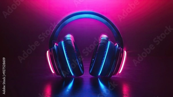 Fototapeta Headphones with neon light effects pulsing to the rhythm of music. 3D rendering showcasing glowing, intense colors that enhance the audio experience.