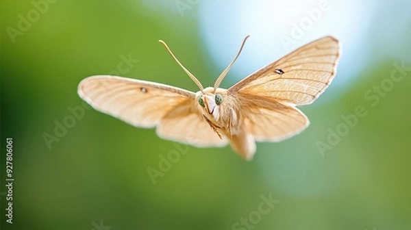 Fototapeta A detailed close-up of a moth's proboscis extending while hovering, wings fluttering, against a soft background with ample copy space available.