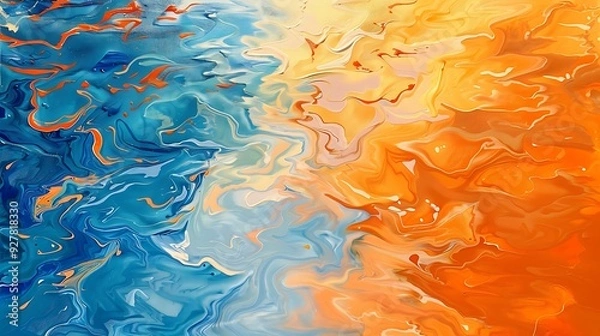 Fototapeta A painting of orange and blue water and orange and blue colors