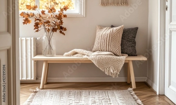 Fototapeta Scandinavian entryway with a light wooden bench, autumn leaves in a vase, a cozy throw blanket