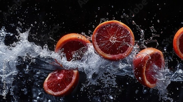 Fototapeta Fresh blood orange fruit with water splash closeup view