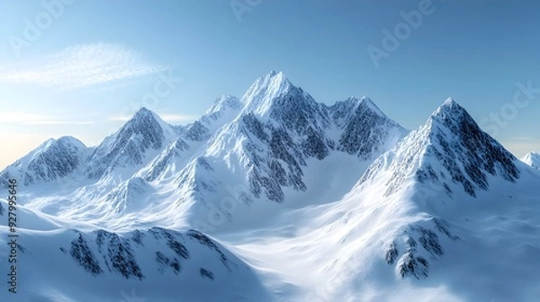 Fototapeta Majestic snow capped mountain peaks reaching towards the clear blue sky with sunlight beautifully reflecting off the icy surfaces creating a landscape