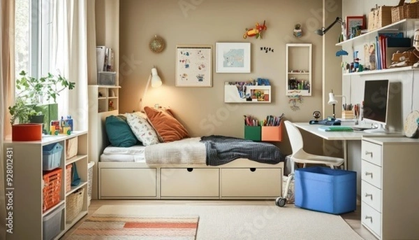 Fototapeta A cozy, safe kid's room with adaptable furniture and organized play 3. Generative AI