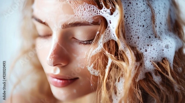 Fototapeta Close-up of a woman's face covered in white lather, with soft, red hair.