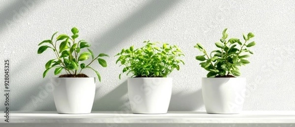 Fototapeta A serene arrangement of three green plants in white pots, enhancing the beauty of any indoor space with a fresh and vibrant touch.