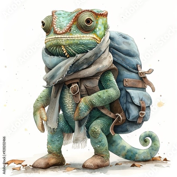 Fototapeta This fun cartoon character of a green Chameleon is seen walking on two legs while wearing a big blue backpack, pants, and boots, all against a white background.