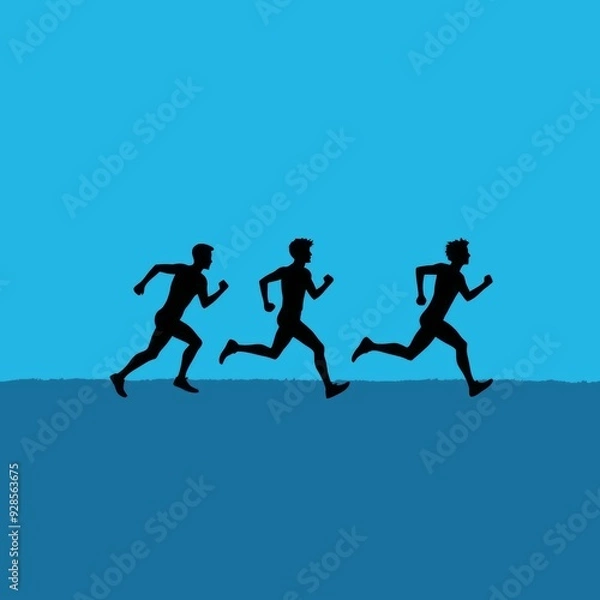 Fototapeta This minimalist line art picture of runners on a blue background represents ambition, perseverance, teamwork, speed, and achievement.