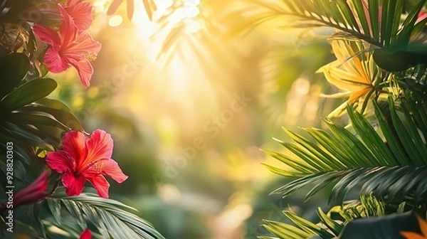 Fototapeta Lush green leaves and pink hibiscus flowers framing a bright, blurred background of sunlight.