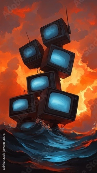 Fototapeta An imaginative artwork featuring stacked televisions amidst turbulent waves and a vibrant sunset sky.