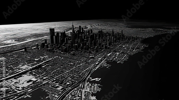 Fototapeta Technical aerial visual, 3D LiDAR GIS aerial map satellite scan model isolated, showing Detroit. Elevation, topography, render