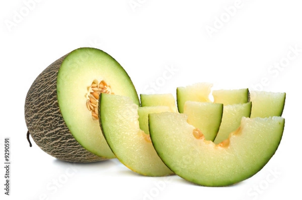 Obraz Freshly sliced cantaloupe melon on white background