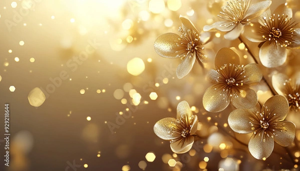 Fototapeta Background with small Golden Blooms and Sparkles with transparent background 