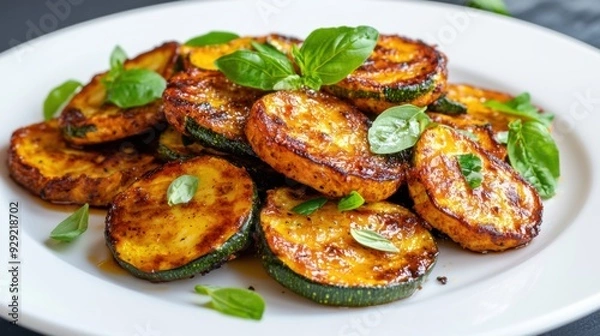 Fototapeta A plate of a white plate topped with grilled vegetables, AI