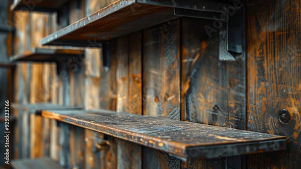 Fototapeta Empty rustic wooden shelves on a wooden wall.