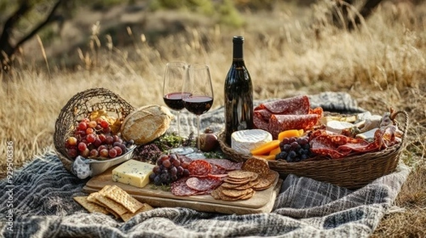 Fototapeta Gourmet picnic spread with charcuterie, cheese, and wine, arranged elegantly on a blanket in a scenic, natural setting.