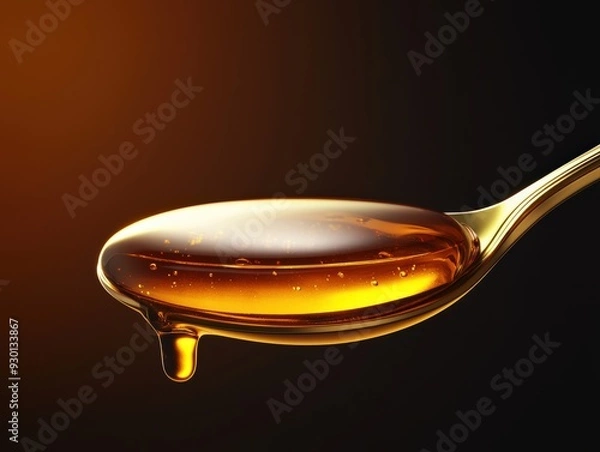 Fototapeta Golden Honey Dripping from a Spoon on a Black Background, a Viscous Liquid with a Sweet, Sticky Texture and Rich, Golden Color