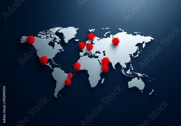 Fototapeta World Map with Green and Red Monkeypox Virus Shapes Spreading