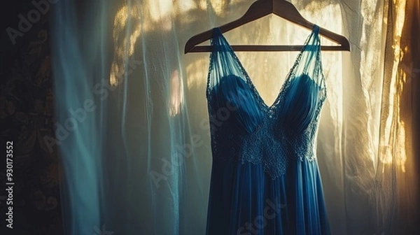 Fototapeta Elegant Blue Dress in Golden Light: A Dreamy Poster for Vintage-Inspired Interiors and Fashion Enthusiasts