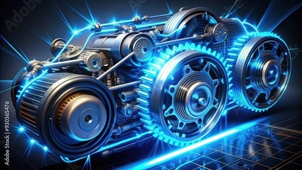 Fototapeta A futuristic motor illustration with glowing blue circuits, metallic gears, and sleek lines, symbolizing speed, technology, and innovation.