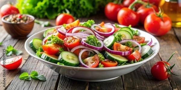 Fototapeta Plate of fresh vegetable salad with tomatoes, cucumbers, and onions, a healthy and organic vegetarian meal option