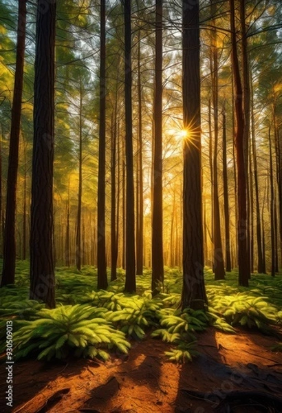 Fototapeta lush pine forest bathed warm sunlight creating serene natural landscape, nature, scenery, greenery, outdoor, tree, wood, sunshine, beauty, wilderness