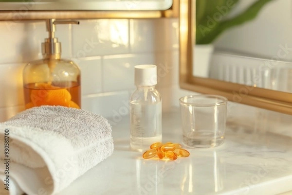 Fototapeta A white towel, a glass of water, a bottle of liquid, and a pile of pills on a marble countertop.