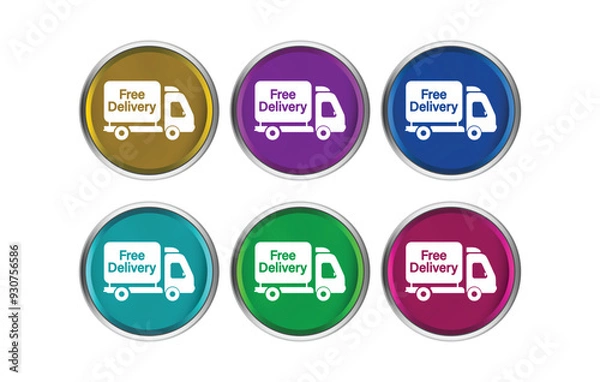 Fototapeta Free delivery text in round 3d button with shipping van cargo , home express deliver service vector label with fast car truck. delivery service logo