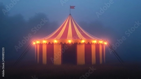 Fototapeta Halloween circus tent with eerie glowing lights, foggy night, 3D illustration