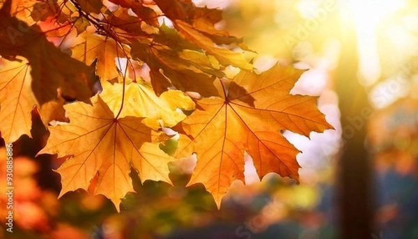 Fototapeta maple tree leaves in sunlight during autumn