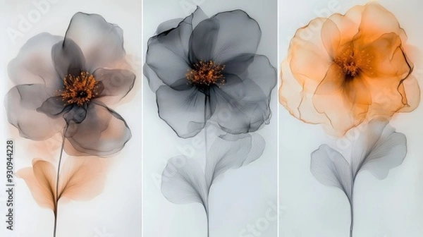 Fototapeta These three abstract wall art panels feature translucent flowers skillfully made with alcohol ink, showcasing a mesmerizing blend of colors and an ethereal beauty that captivates viewers