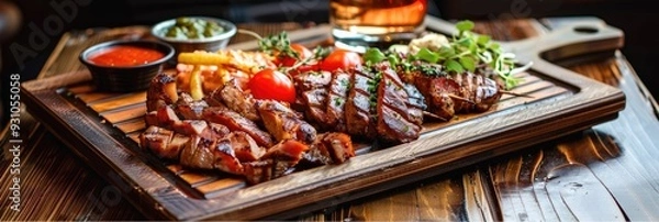 Fototapeta Wooden platter featuring a meat starter