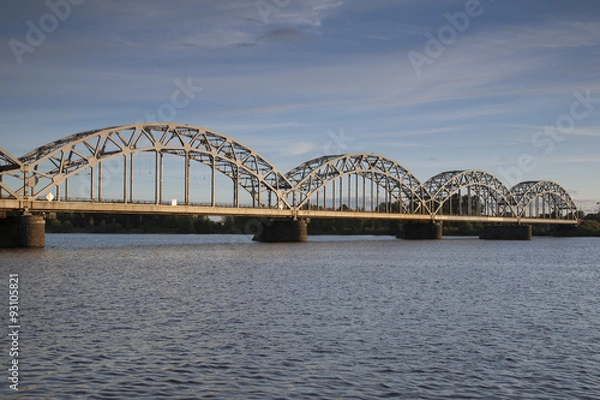 Fototapeta Railway Bridge and Banks of River Daugava, Riga