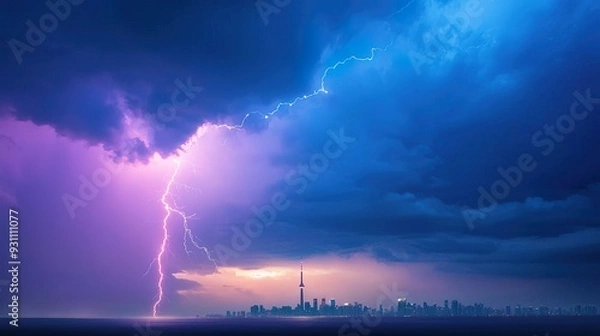 Fototapeta Lightning strike over city skyline during a dramatic thunderstorm.