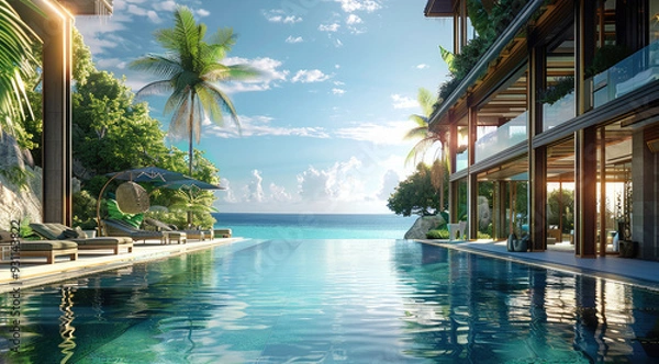 Fototapeta Tropical resort, luxury, overlook the sea. Generative AI.