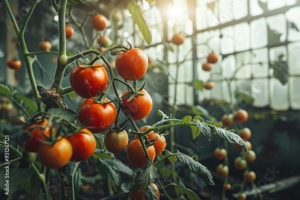 Fototapeta Ripe red tomatoes growing on a vine in a greenhouse.