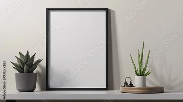 Fototapeta Close-up of a vertical mockup frame with a sleek metal border, displayed on a minimalist console table. The frame is paired with a decorative tray holding keys and a small succulent plant, adding a