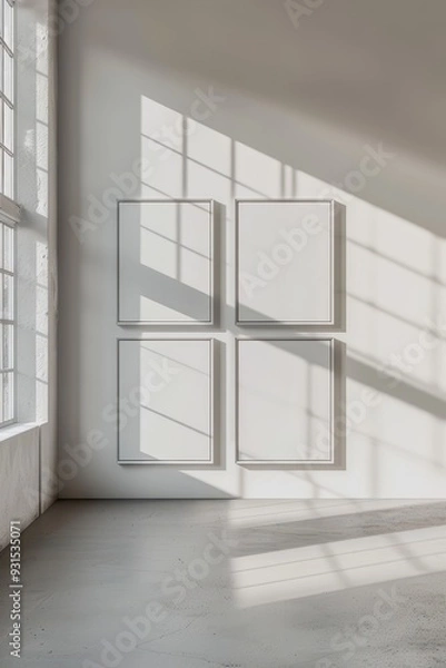 Fototapeta Minimalist interior with empty frames casting shadows on a bright wall.