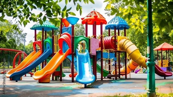 Fototapeta Colorful playground equipment for children in public park in summer