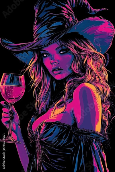 Fototapeta Neon vector style witch with glass wine