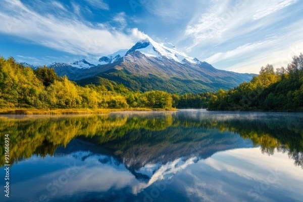 Fototapeta A serene mountain lake reflecting the vibrant autumn foliage and snow-capped peaks under a clear blue sky, perfect for nature-themed backgrounds, travel advertisements, or environmental campaigns,