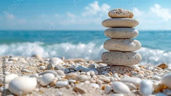 Fototapeta stack of rocks on sandy beach warn sunlight blue sky blue water waves beach background zen natural beauty vacation relaxation coastal landscape sandy shore shoreline sand horizon setti : Generative AI