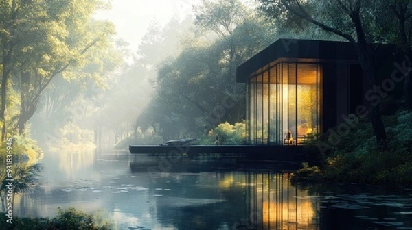 Fototapeta Glass Cabin on a Misty River in a Forest