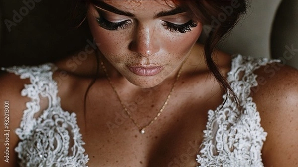 Fototapeta   A woman wearing eyeliner, necklace, and holding a cell phone in front of face