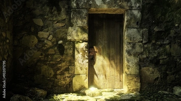 Fototapeta Mysterious Old Stone Doorway with Light Streaming In - A solitary wooden door, weathered and aged, is set within a stone wall. Sunlight streams through the doorway, illuminating the stone and creating