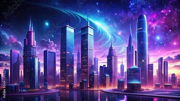 Fototapeta Futuristic virtual reality cityscape with sleek skyscrapers, neon lights, and holographic projections, set against a deep purple background with swirling galaxies and stars.