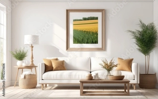 Fototapeta Frame mockup in bright living room design, white sofa in farmhouse boho interior style, 3d render