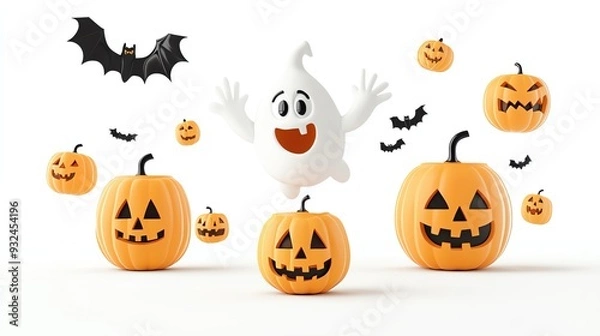 Fototapeta A cheerful ghost surrounded by playful pumpkins and bats, perfect for Halloween-themed decorations and celebrations.