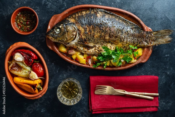 Fototapeta Delicious baked carp fish with spices in a clay plate and fried vegetables, closeup, top view